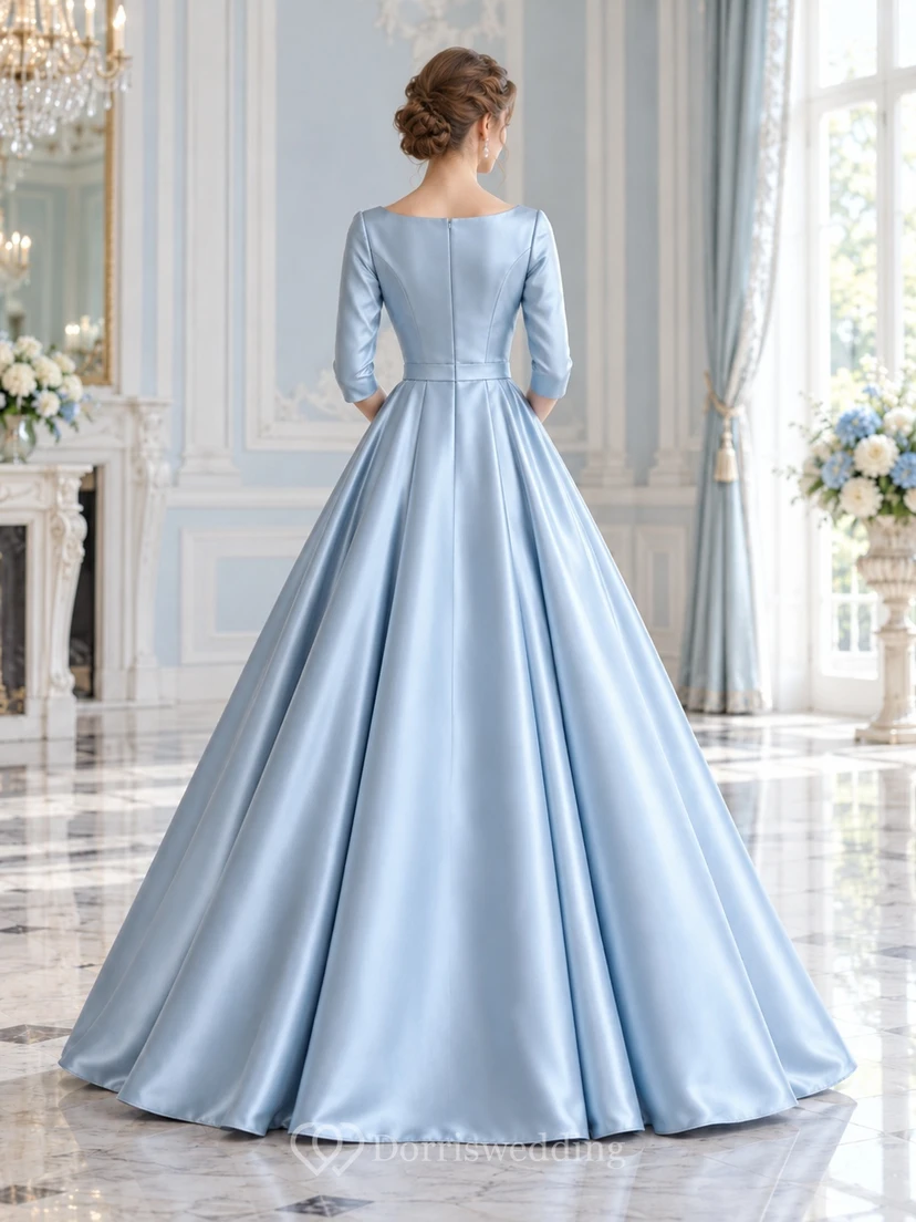 Robe de bal vintage bleu ciel à manches bateau et taille nouée en satin view 2