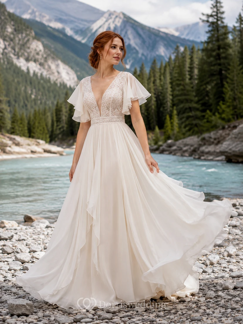 Vestido de novia de montaña con mangas de pétalo, escote en V profundo, encaje y gasa, corte en A y cola larga.