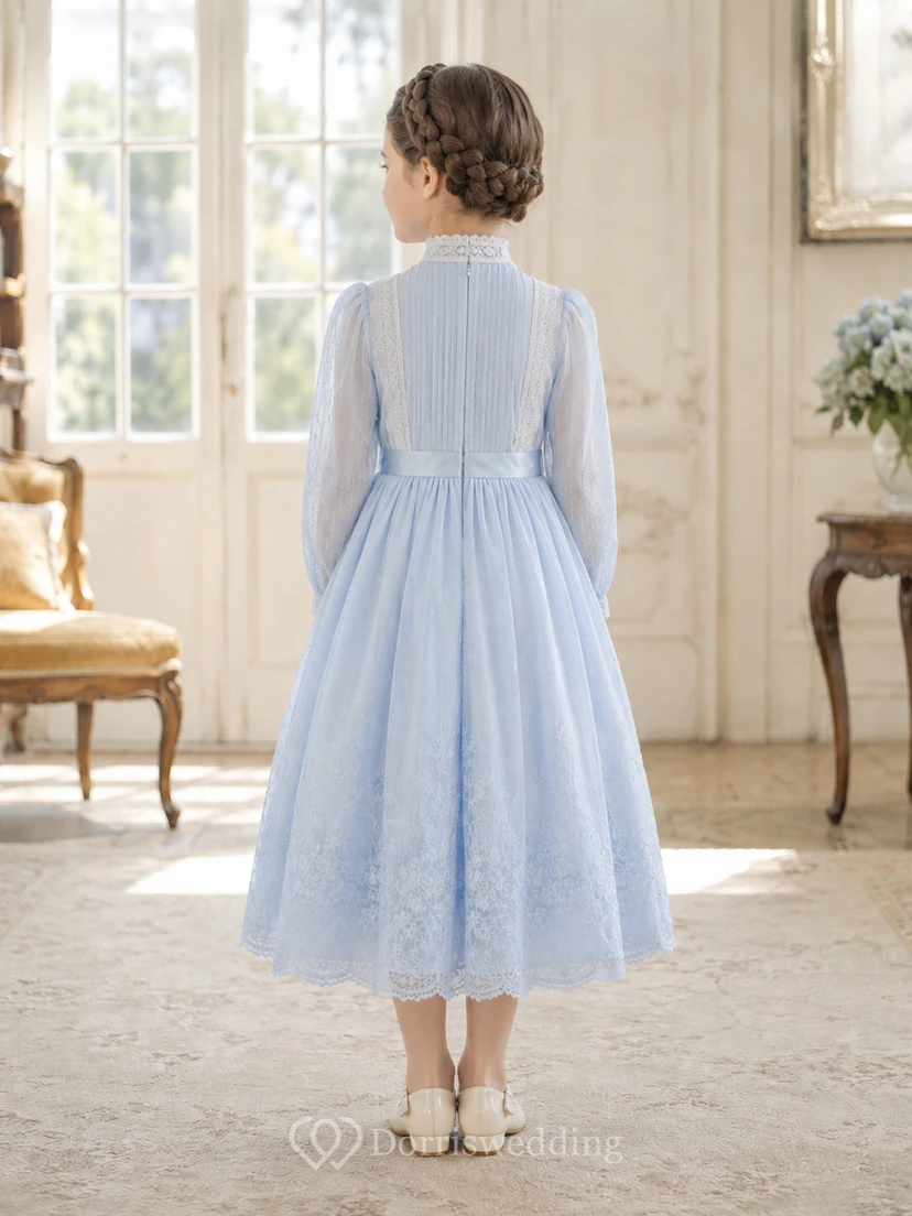 A-Line Edwardian Flower Girl Dress with High Neck, Long Sleeves, Pleated Tulle Skirt, Lace Trim, Edwardian Formal Style view 2