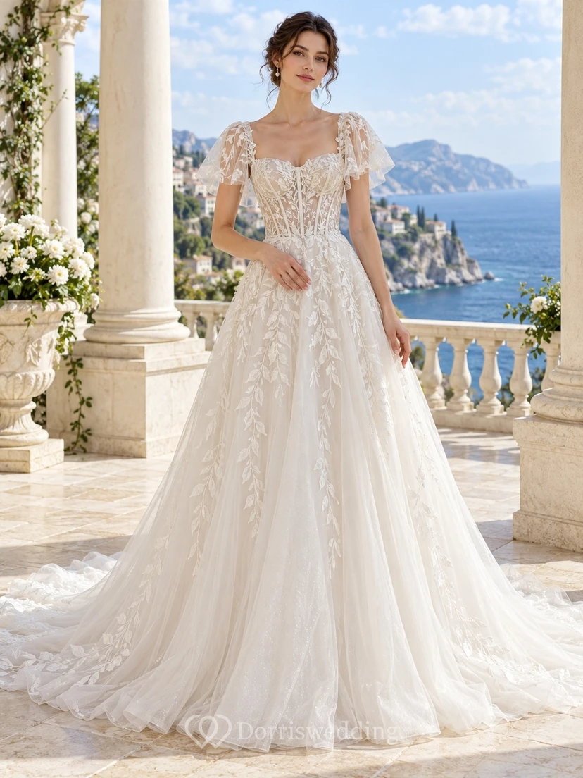 Flutter Sleeve Leaf Embroidered Corset Full A-line Bridal Wedding Dress