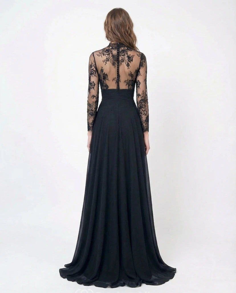Robe en dentelle et mousseline à col montant avec appliques view 2