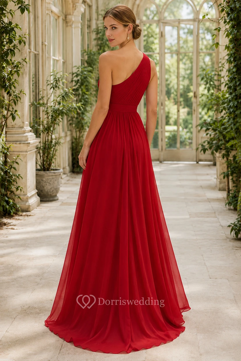 Rotes, schulterfreies A-Linien-Brautjungfernkleid aus Chiffon mit Seitenschlitz view 2