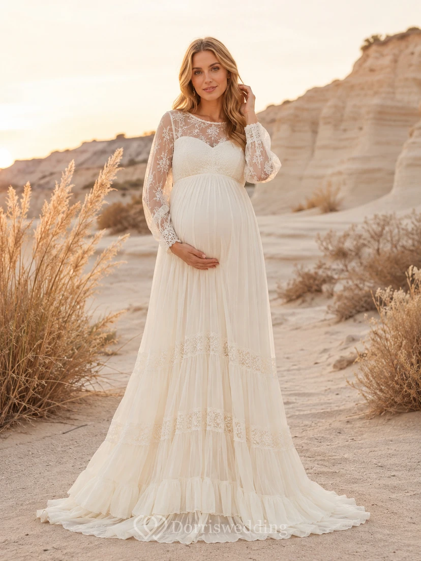 Maternity Long Sleeve Lace Tiered Desert Wedding Dress