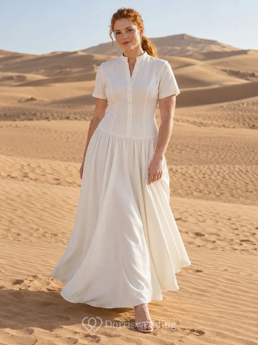 Simple Casual Short Sleeve Collared Button Front Dropped Waist Gathered Wedding Dress