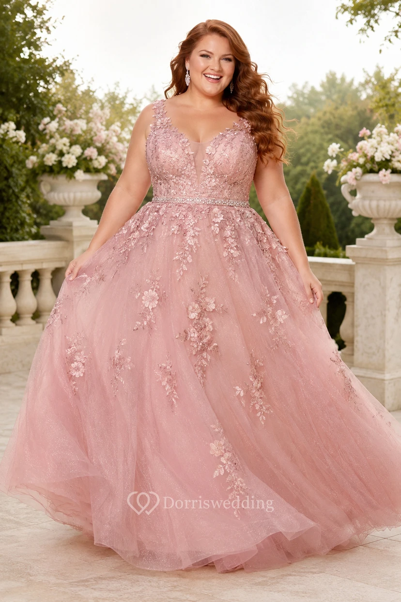 Plus Size Blushing Pink Tulle Ball Gown with Floral Applique Bodice