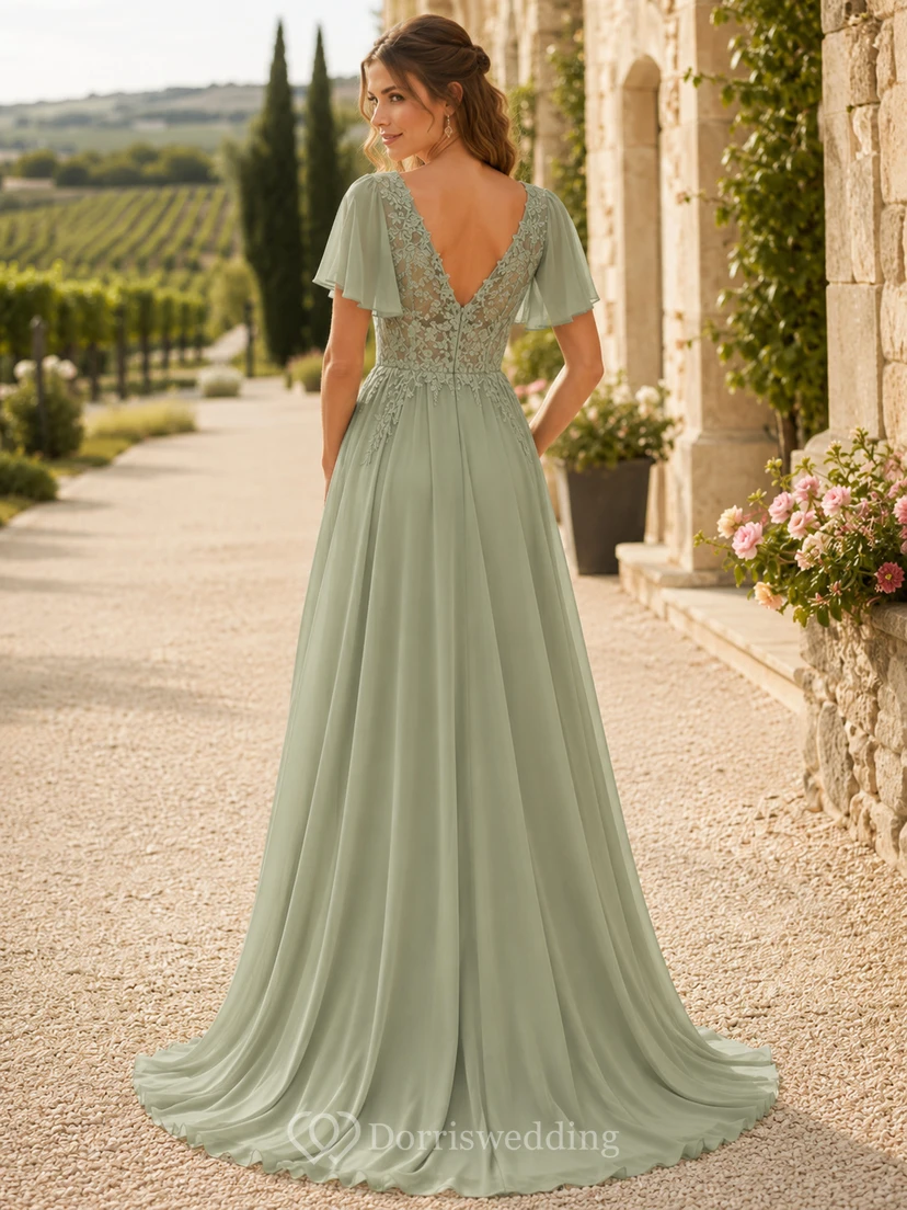 Romantisches Brautjungfernkleid aus Chiffon in Weinrot-Celadon, A-Linie, bodenlang, mit V-Ausschnitt und kurzen Ärmeln view 2