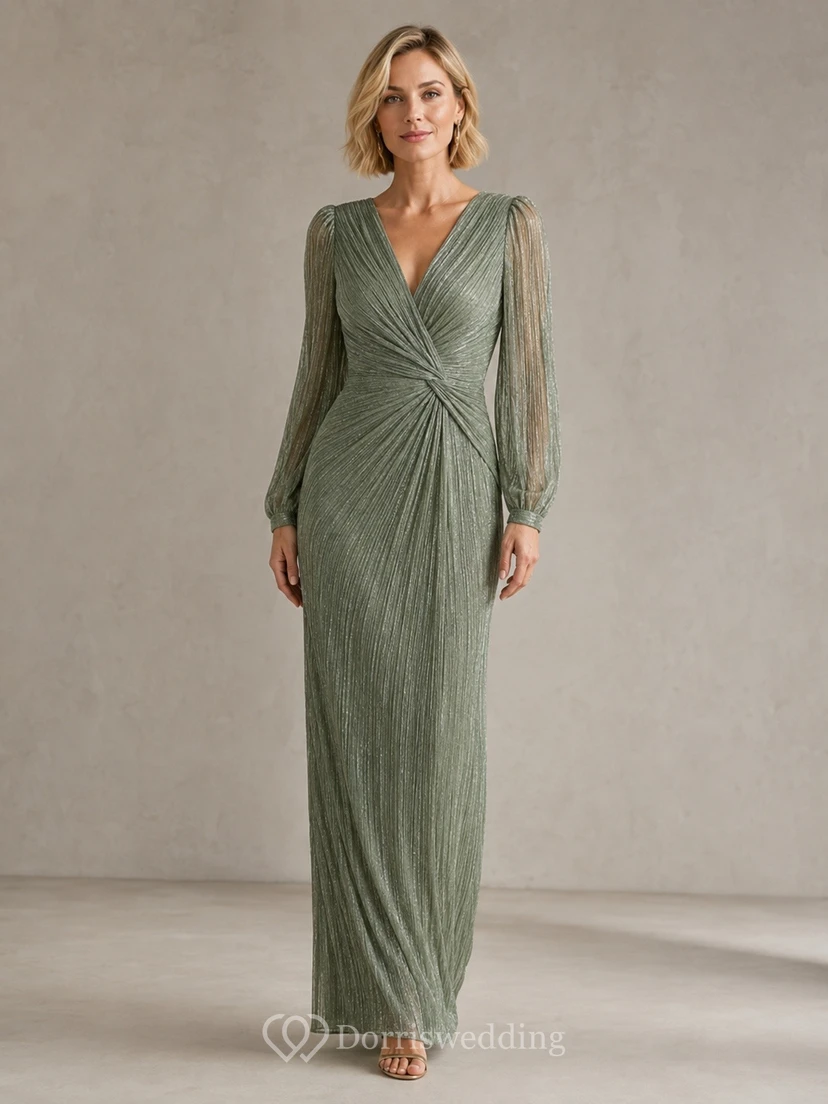 Vestido formal largo hasta el suelo, elegante y moderno, de jersey con cuello en V y mangas largas fruncidas, color verde salvia.