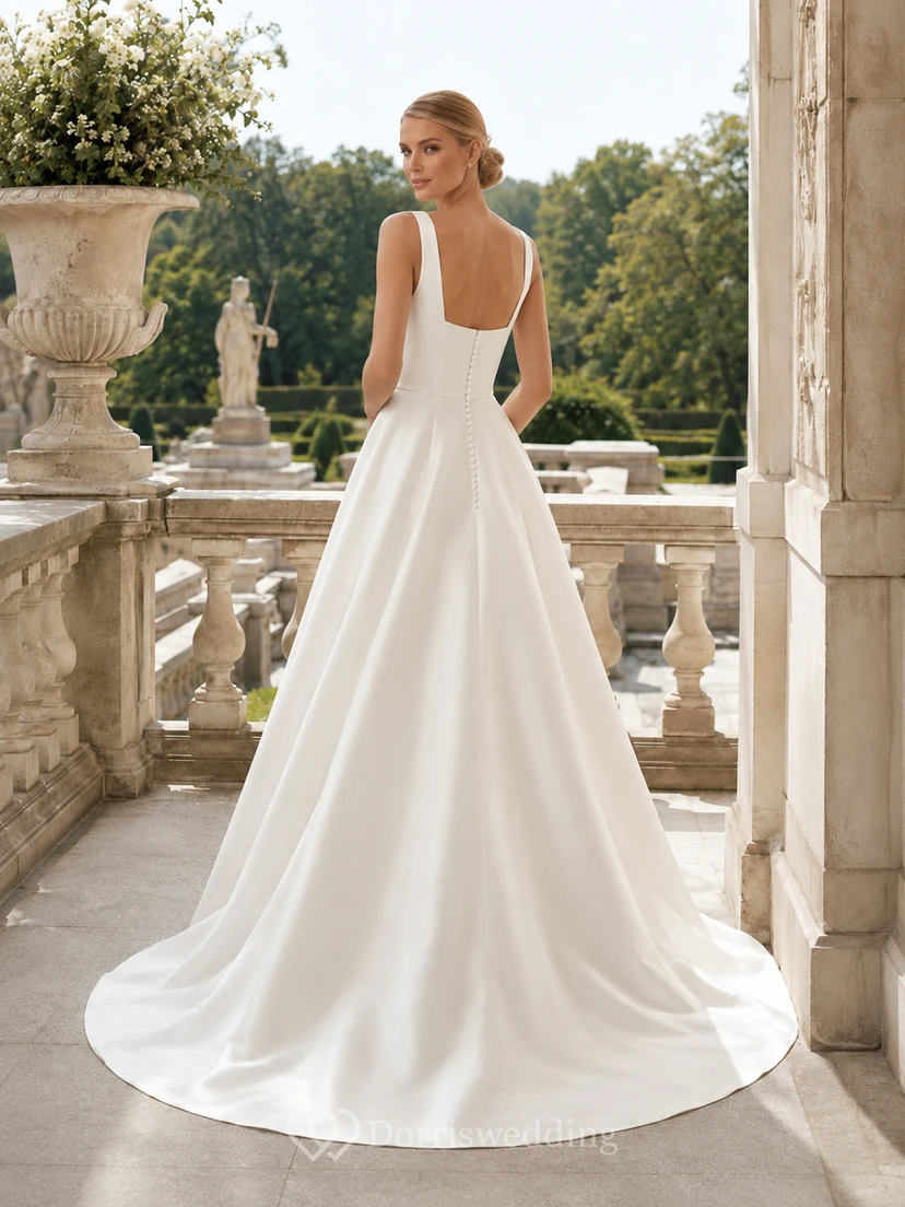 Brautkleid aus Satin, A-Linie, eckiger Ausschnitt, ärmellos, mit Hofschleppe view 2