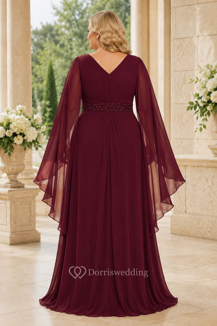MOB-Kleid aus burgunderrotem Chiffon, A-Linie, Cape-Ärmel, V-Ausschnitt, bodenlang, Cape-Ärmel-Detail view 2