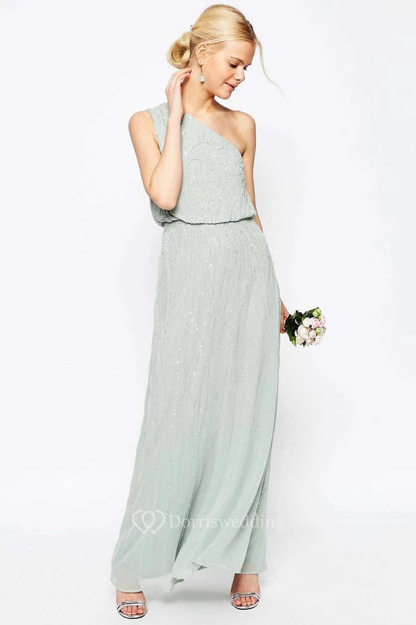Sheath Ankle-Length Sleeveless Beaded One-Shoulder Chiffon Bridesmaid Dress