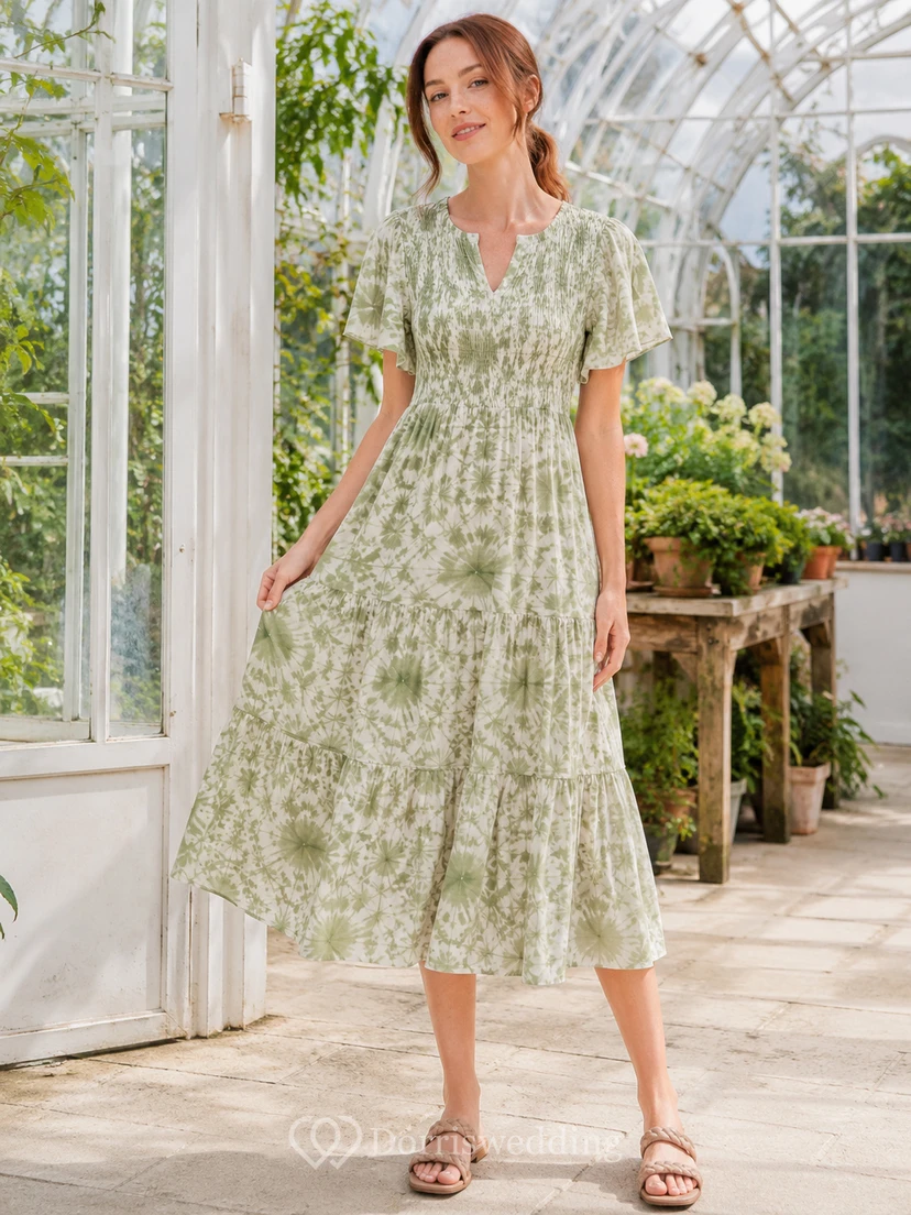 Sage Shibori V-Ausschnitt Flatterärmel Garten Midikleid