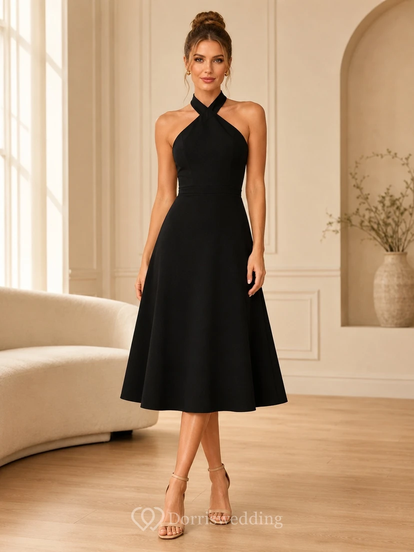 Vestido de cóctel sexy negro de satén con cuello alto, escote halter, corte en A y espalda descubierta, largo hasta la rodilla.