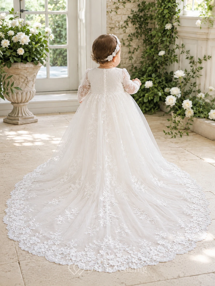 Vestido de lujo para ceremonia de bautizo/bautizo, corte A, largo hasta el suelo, cola de capilla, cuello joya, manga larga, tul, encaje, espalda abotonada. view 2