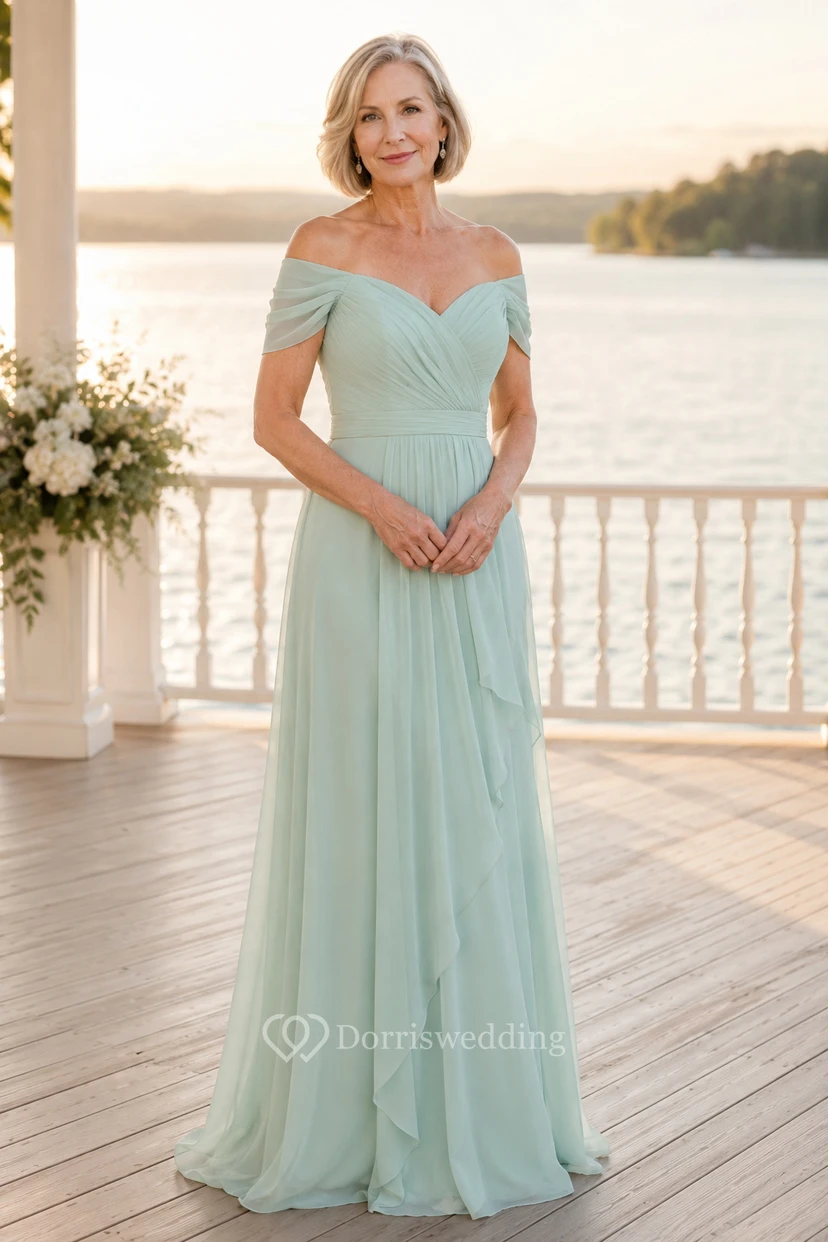 Mintgrünes schulterfreies Chiffon-A-Linien-Kleid für Mütter