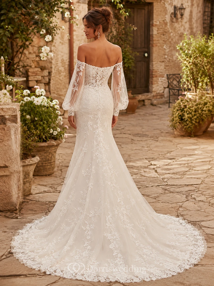 Boho-Brautkleid im Meerjungfrauenstil mit schulterfreiem Ausschnitt, floraler Spitze, langen Bischofsärmeln und taillierter Schleppe view 2