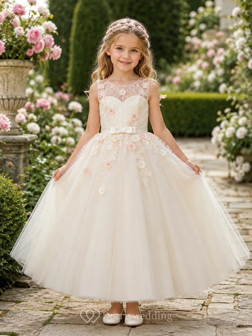 Bezauberndes A-Linien-Kleid aus Tüll für Blumenmädchen mit Schleife am Rücken