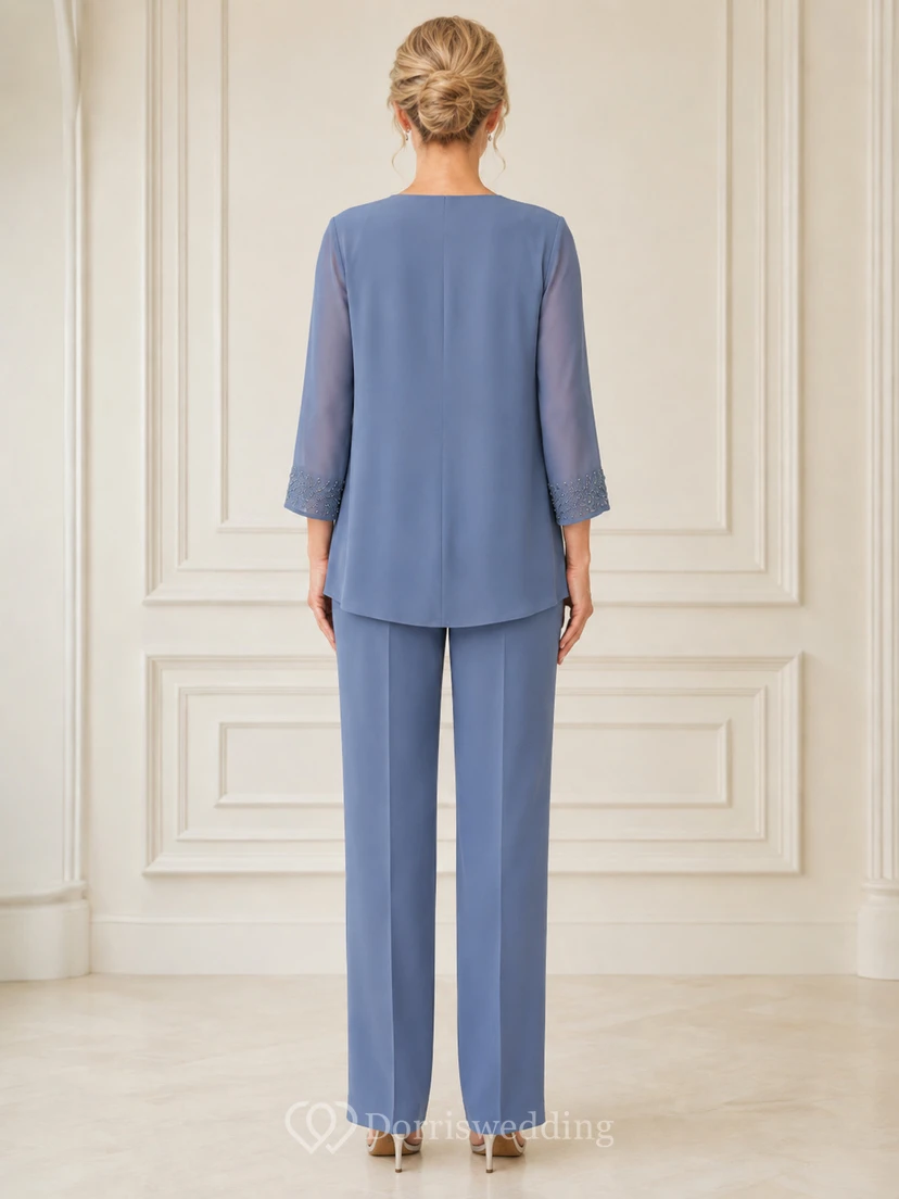 Mother Steel Blue Chiffon Pantsuit with Jewel Neck Jacket and Straight Leg Pants view 2