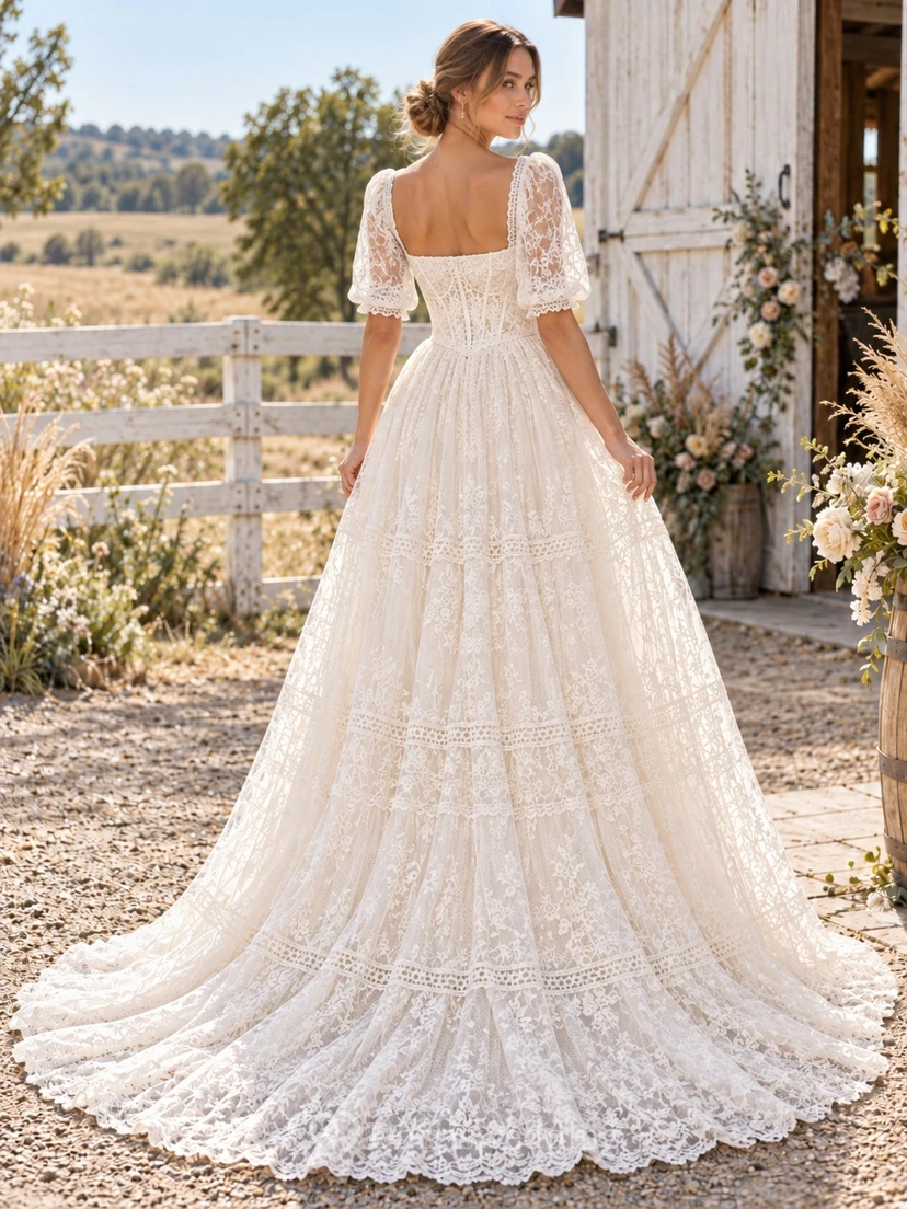 Boho Square Neck Puff Sleeve Panel Lace A-Line Wedding Dress view 2