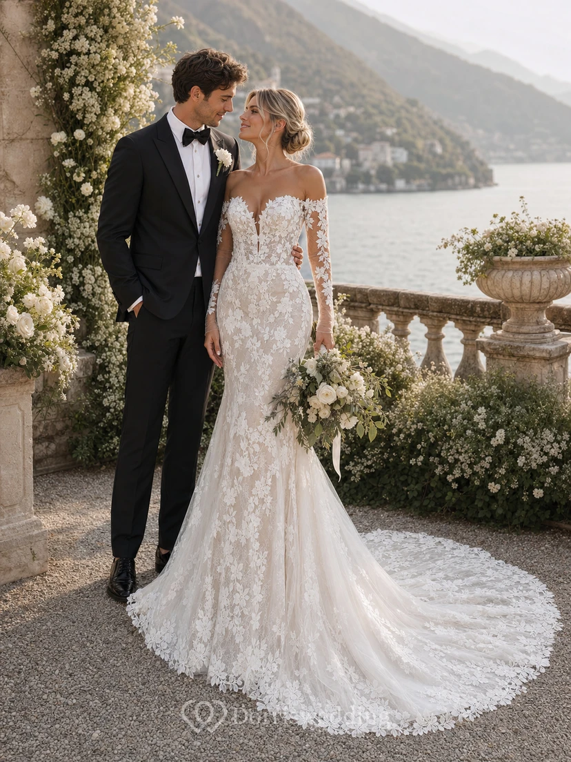 Vestido de novia elegante de encaje estilo sirena con mangas largas, escote de hombros descubiertos y efecto ilusión. view 3