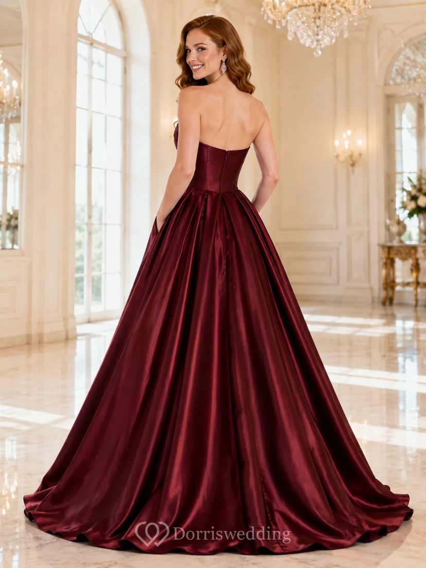 Burgundy Simple Strapless Draped Satin Pockets Luxury Sweet Sixteen Formal Ball Gown view 2