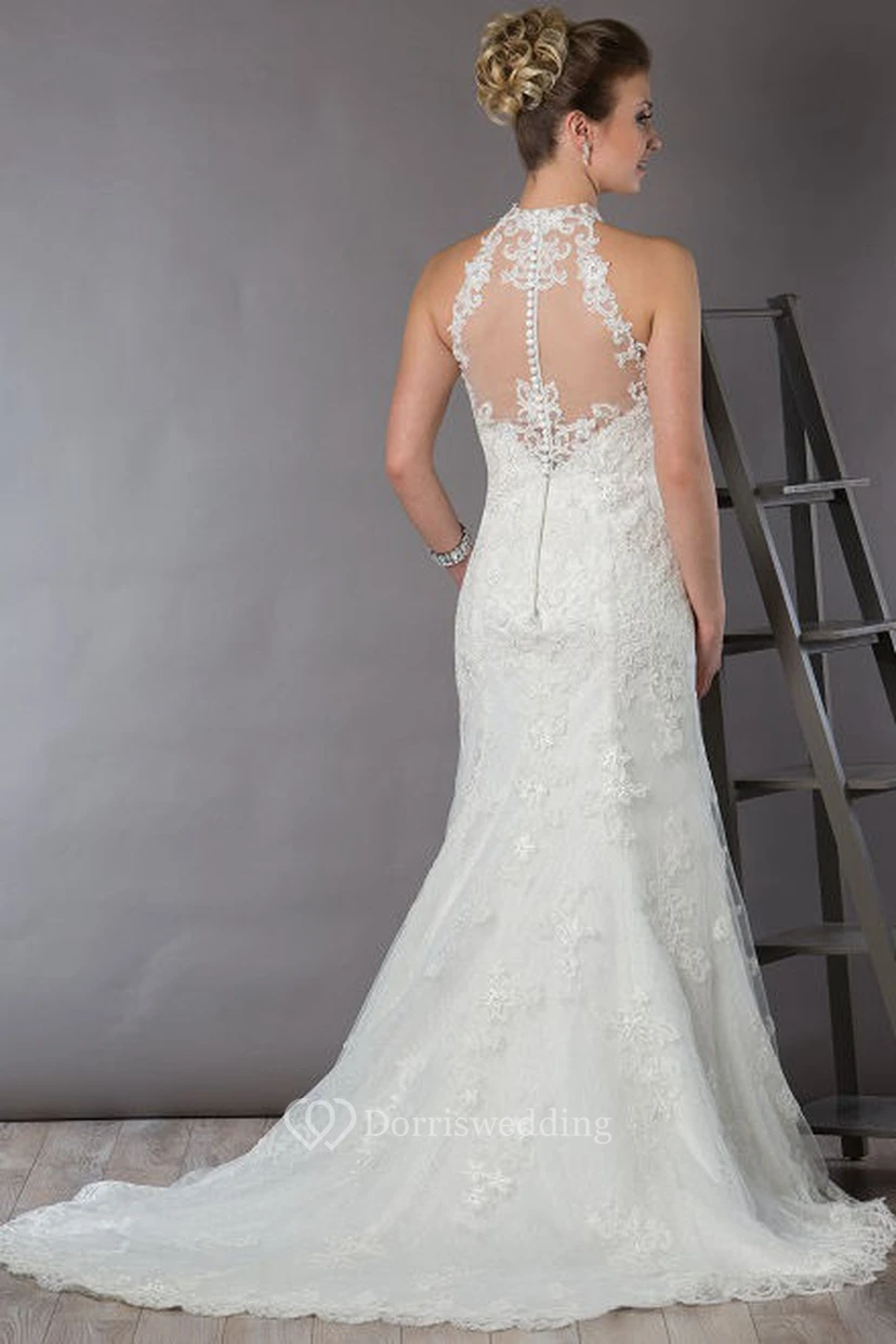 High Neck Illusion Back Sheath Bridal Gown With Allover Lace view 2