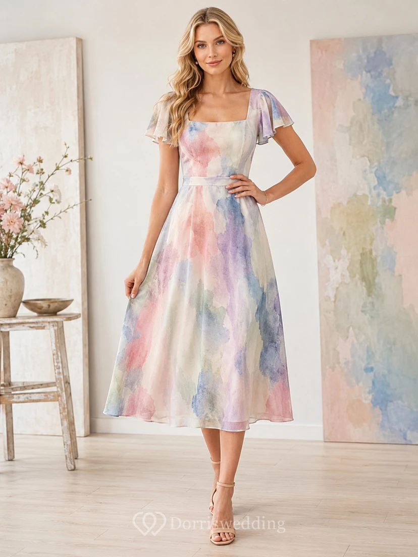 Robe midi à encolure carrée et volants, style aquarelle abstraite pastel
