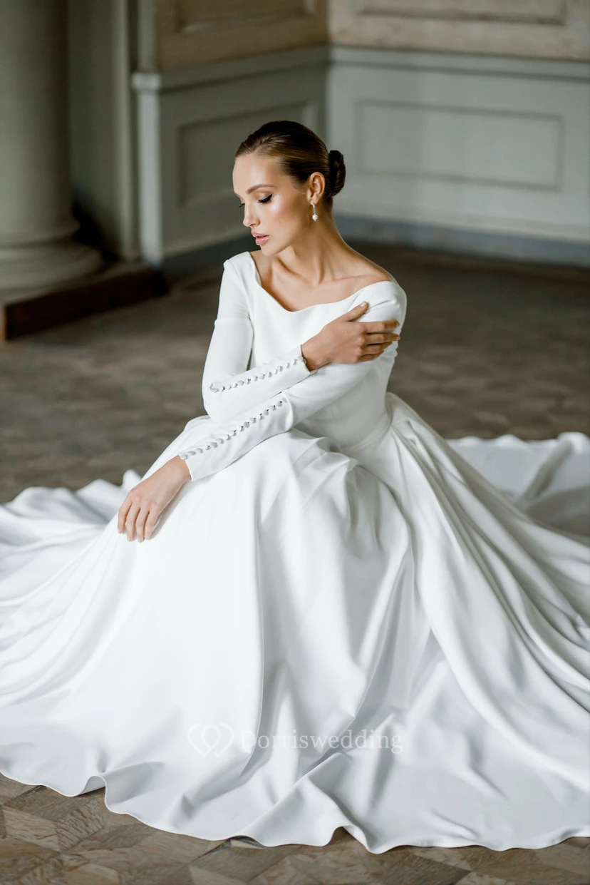 Simple Long Sleeve Satin Crepe Winter Ball Gown Wedding Dress view 4