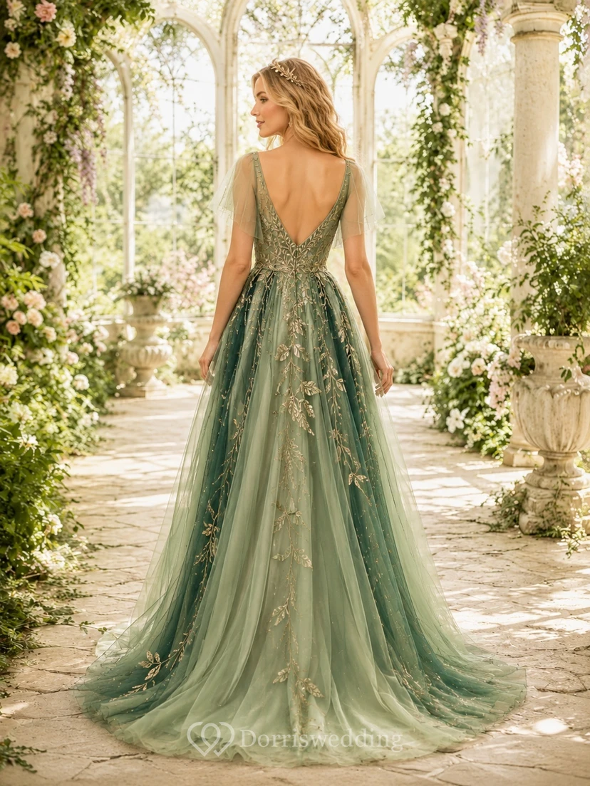 Robe de soirée romantique en tulle vert sauge, col en V, application florale, coupe trapèze, traîne, longueur au sol view 2