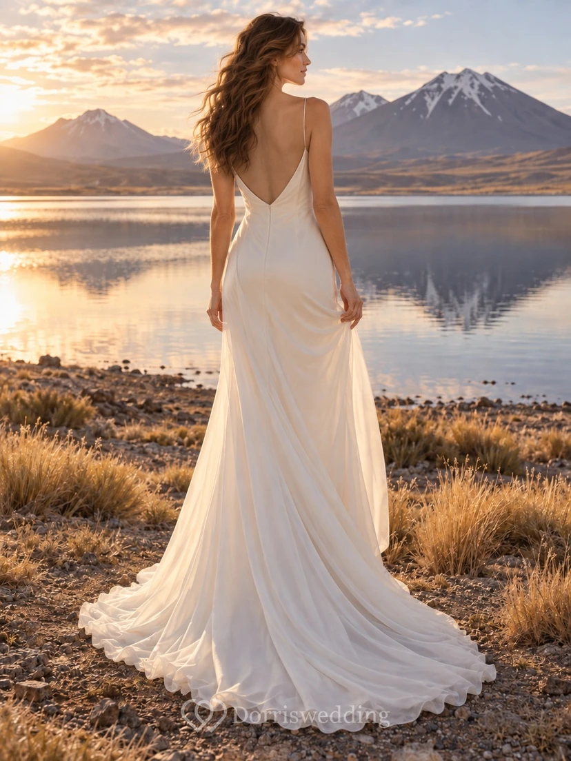 Vestido de novia de gasa con escote en V, cintura drapeada y tirantes finos. view 2