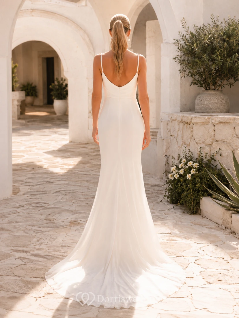 Minimal Spaghetti Cowl Neck Sleeveless Chiffon Mermaid Sweep Train Summer Wedding Gown view 2