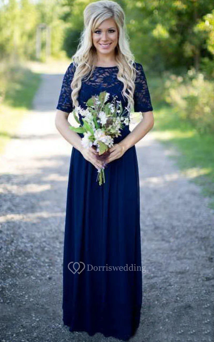 Half-sleeved Scoop Neck A-line Chiffon Lace Dress view 3