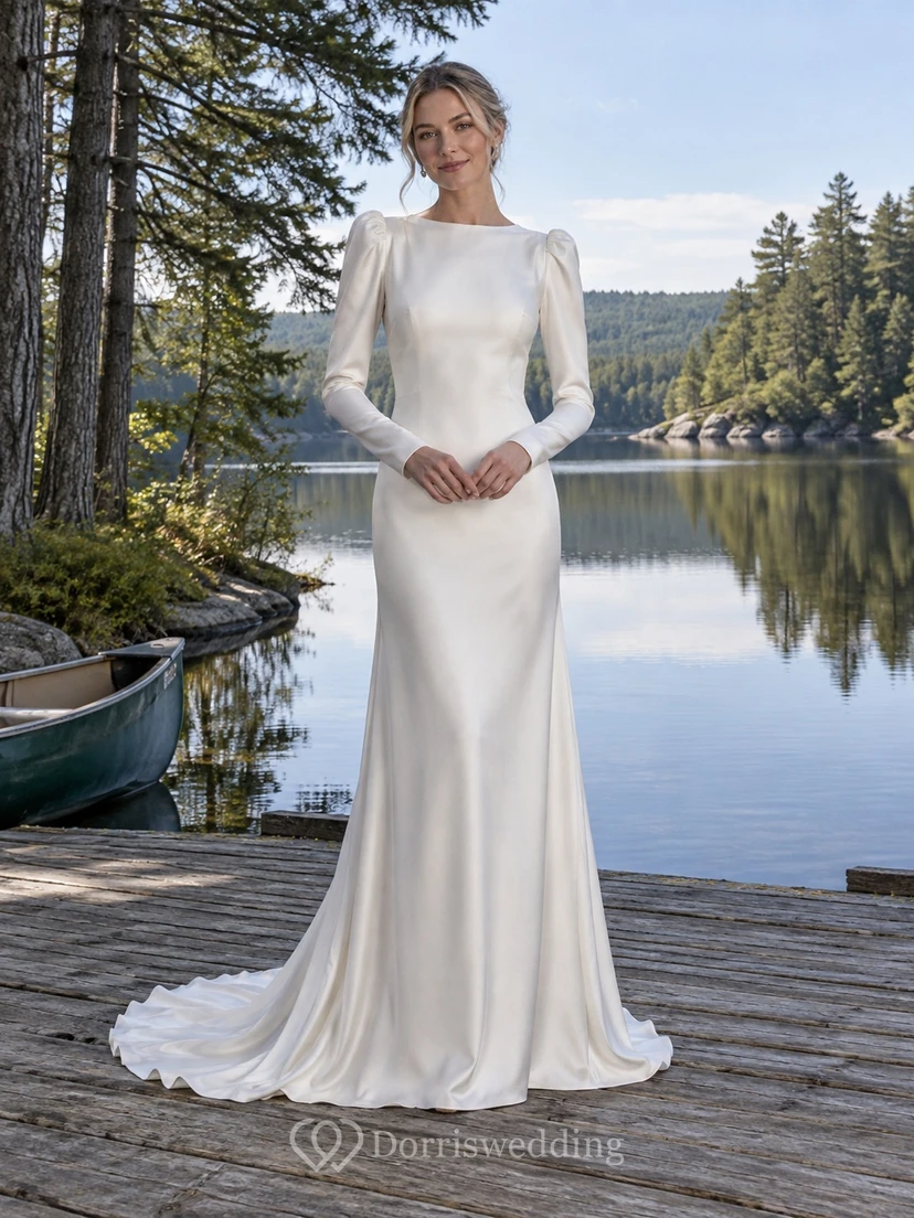 Bateau-Neck Long-Sleeve Charmeuse Wedding Dress with Buttoned Back and Sweep Train