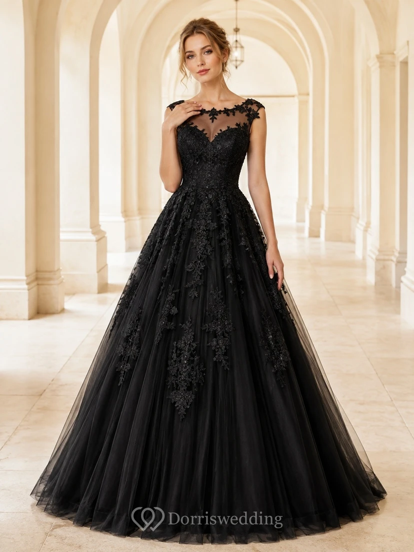 Black Jewel Neck Long Sleeve Lace Tulle Tiered Ball Gown Dress