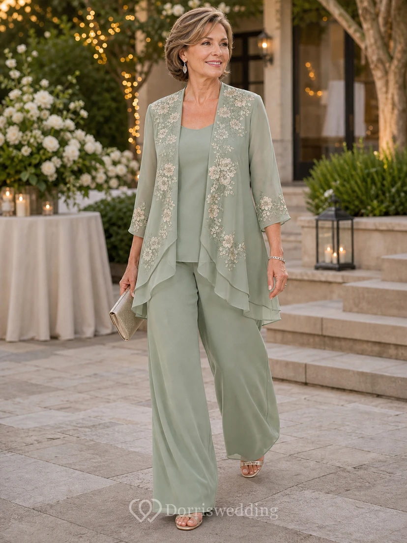 Sage Floral Embroidered Mother Pantsuit Sage Scoop Jewel Jumpsuit Ankle-length view 6