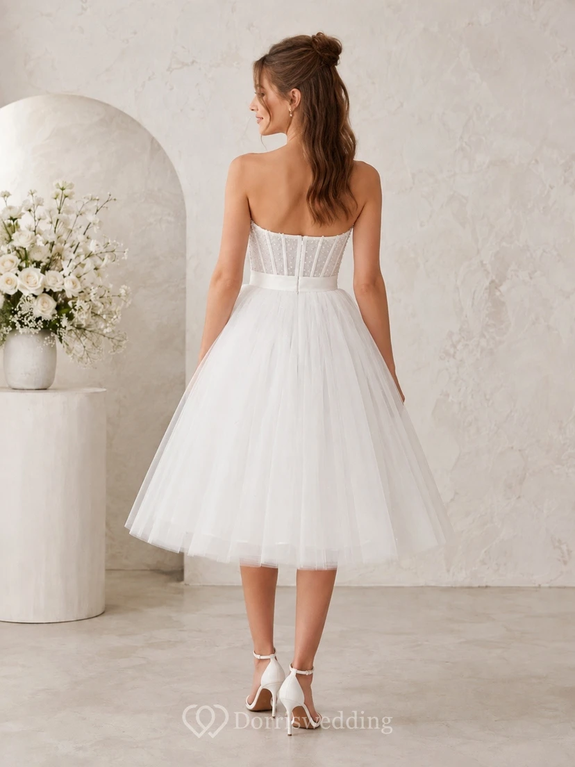 Strapless Bow Tulle A-Line Tea-Length Wedding Party Dress view 2
