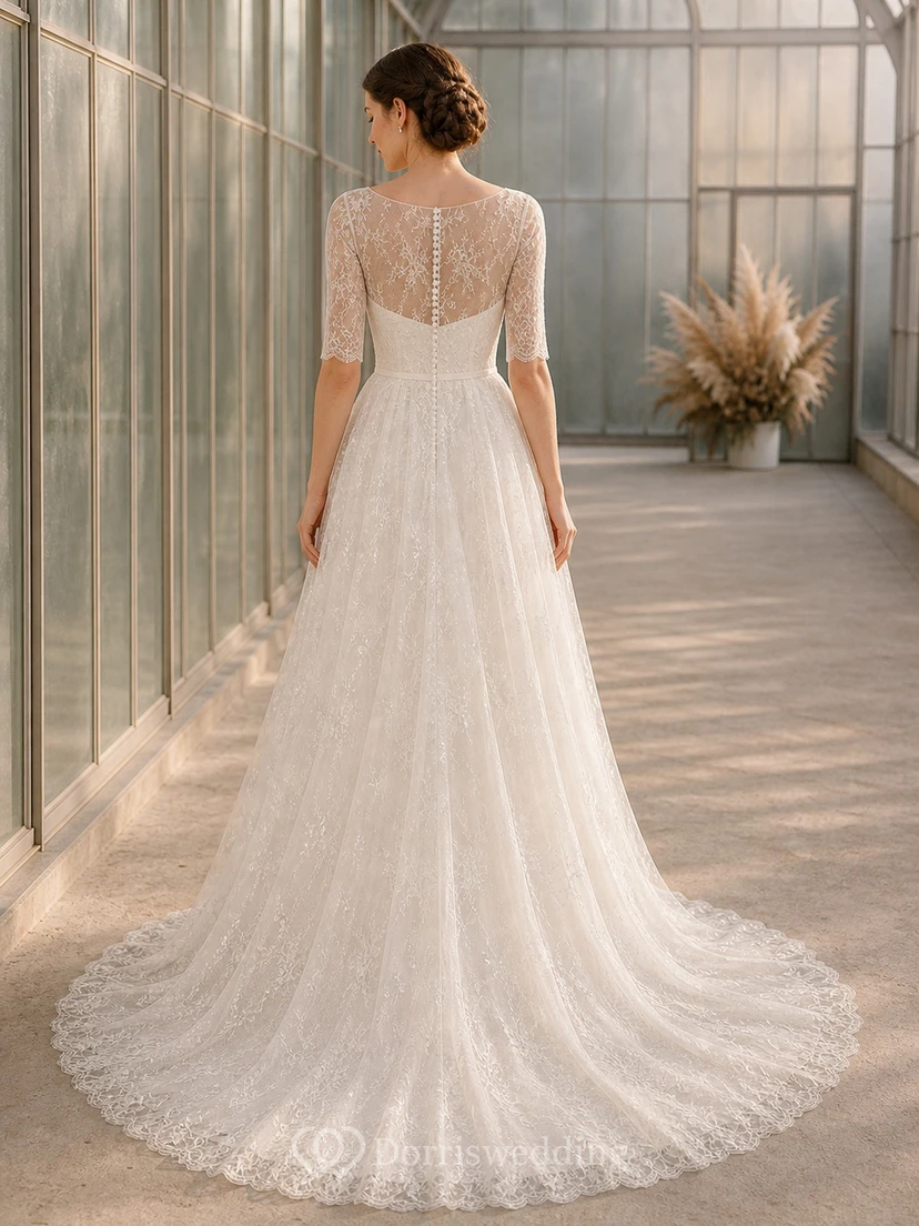 Vestido de novia modesto de corte A con mangas tres cuartos, escote barco, encaje floral con plumas y cola de capilla view 2