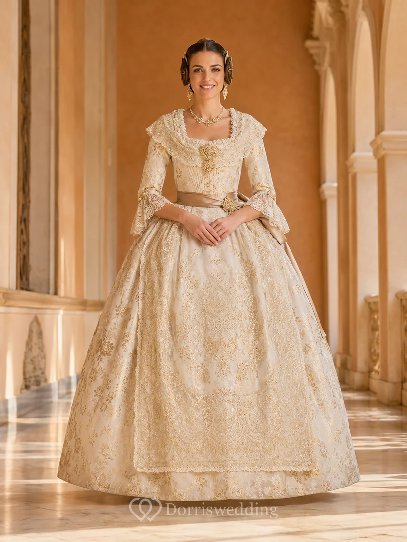 Champagne Gold Fallera Ball Gown Floor Length Scoop Bell Sleeve Brocade Dress
