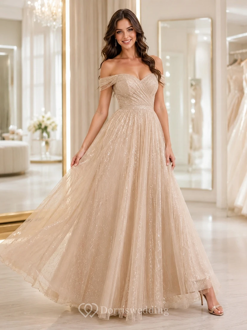 Champagne Off-Shoulder Glitter Tulle Ball Gown Floor-Length Luxury Romantic Abendkleid Dress
