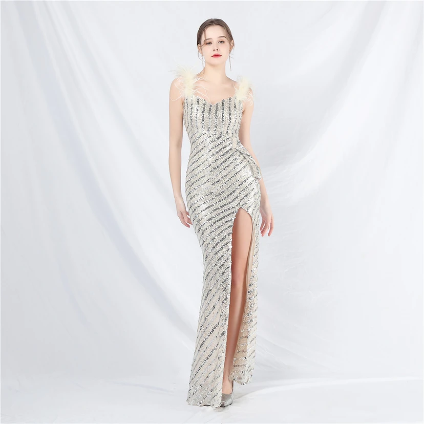 Evening Dress Craft Beaded Ostrich Feather Sequined Side Slit Evening Dress view 20