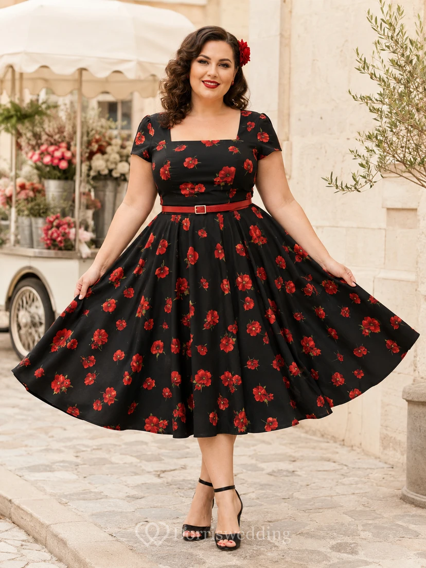Robe de bal longue à fleurs noires et rouges, grande taille, col carré, manches courtes, style vintage.