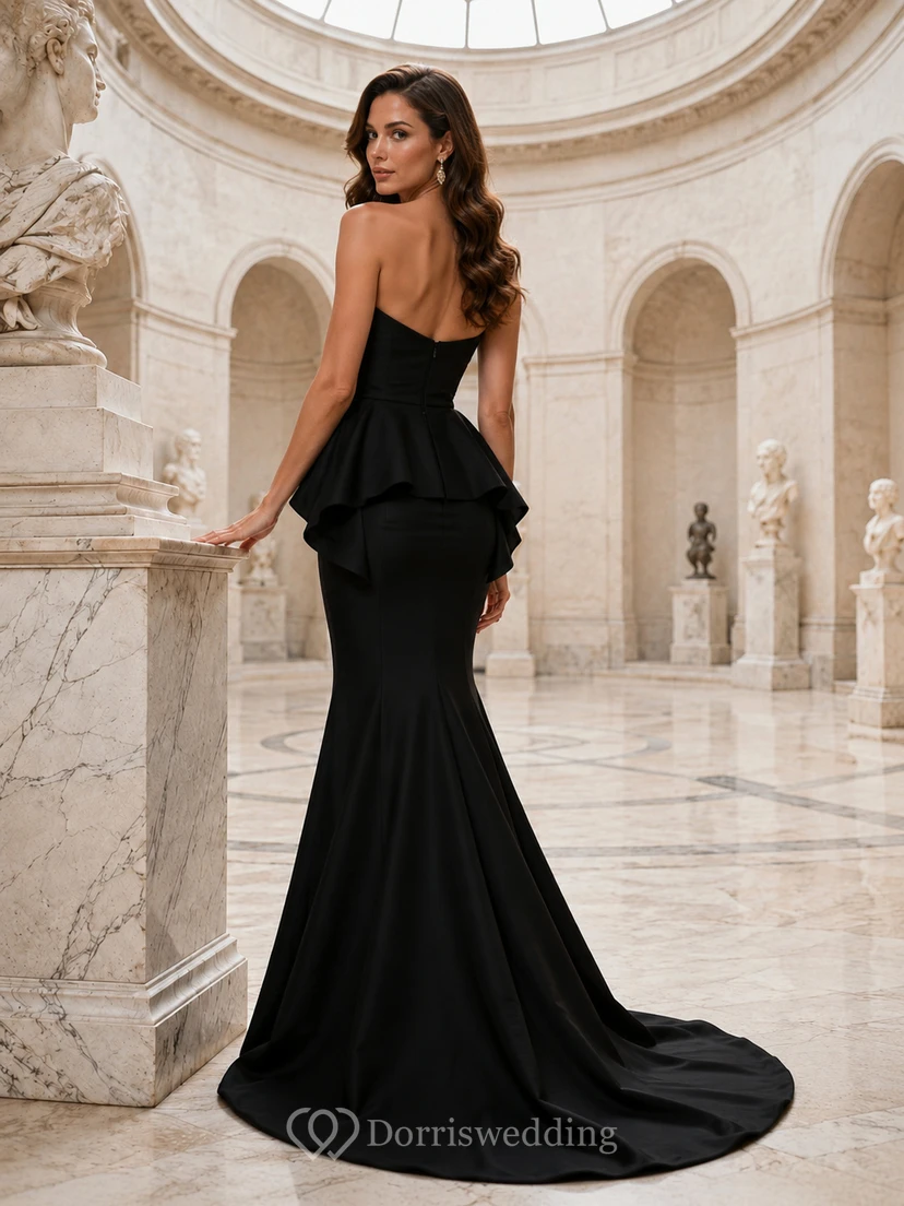 Black strapless peplum mermaid train museum gala gown view 2