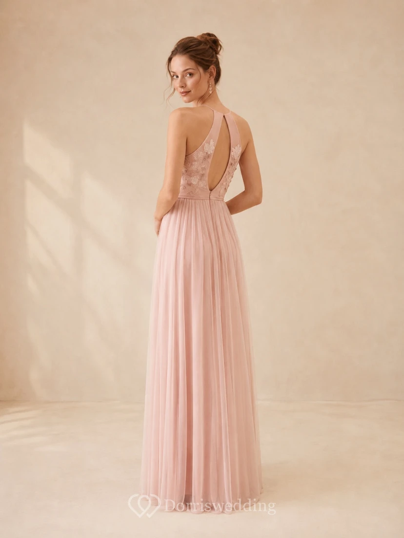 Rosafarbenes, perlenbesetztes, plissiertes Chiffon-A-Linien-Kleid in Bodenlänge für festliche Anlässe view 2