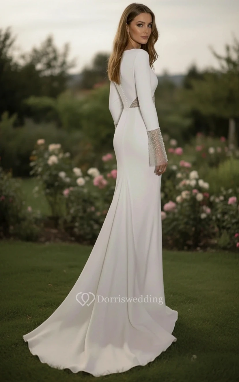 Long Sleeve High Slit Elegant Sheath Wedding Dress with Lace view 2