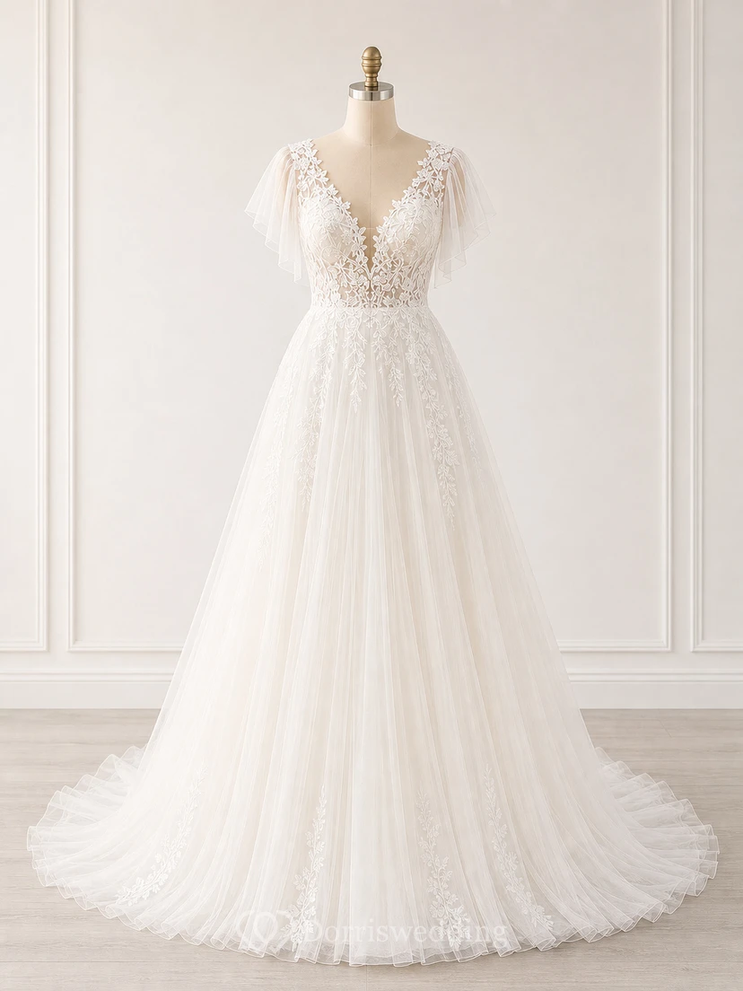 Robe de mariée bohème trapèze avec manches papillon et corsage en dentelle view 9