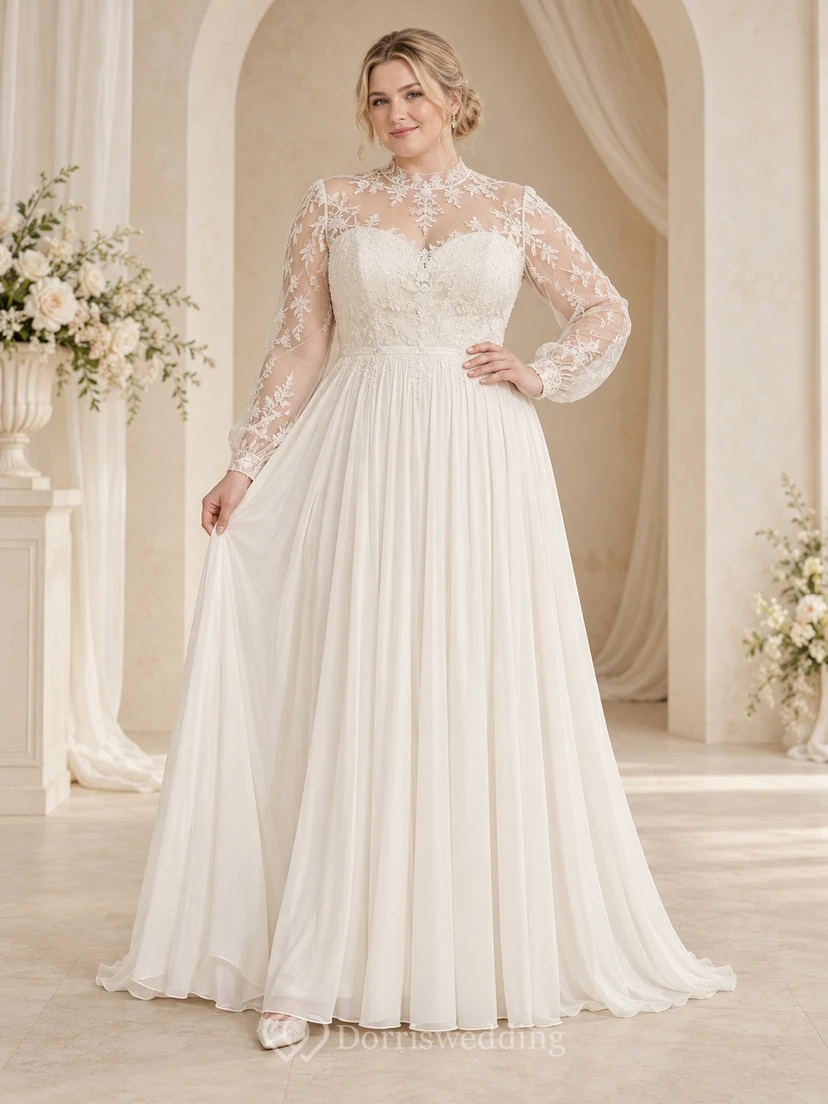 Vestido de novia modesto de gasa de encaje con cuello alto y manga larga, corte en A y espalda ilusión.