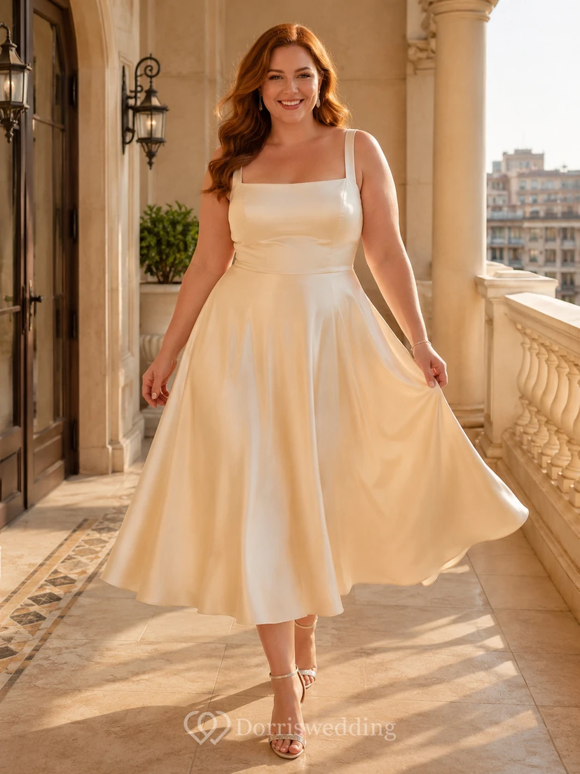 Satin-Hochzeitskleid mit eckigem Ausschnitt und Teelänge
