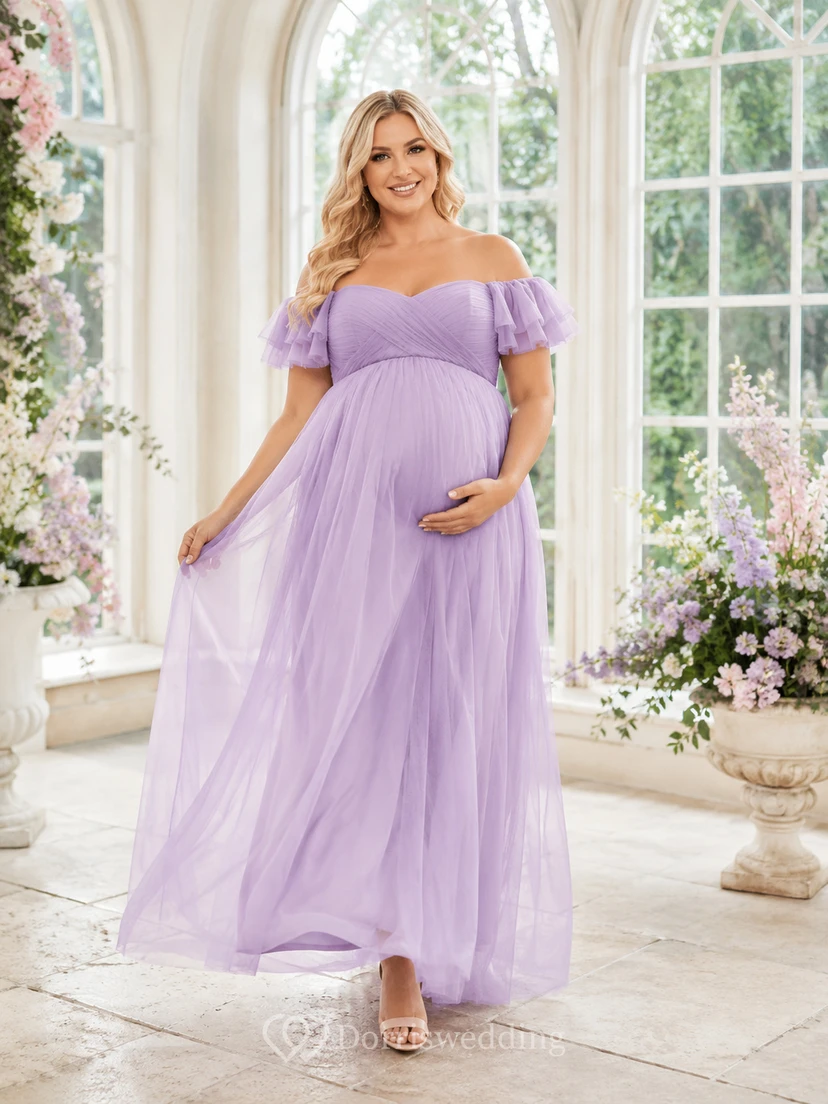 Vestido de maternidad largo hasta el suelo, color lavanda, con hombros descubiertos, mangas tipo pétalo, volantes de tul, pliegues, espalda descubierta, cierre de cremallera, corte imperio y cintura en A.