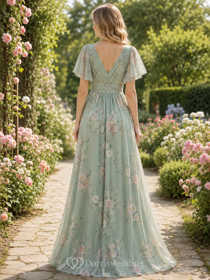 Sage Floral Garden A-Line Chiffon Bridesmaid Dress with V-Neck Flutter Sleeve Bodice, Floral Embroidered Floor-Length Skirt and Low V Back view 2