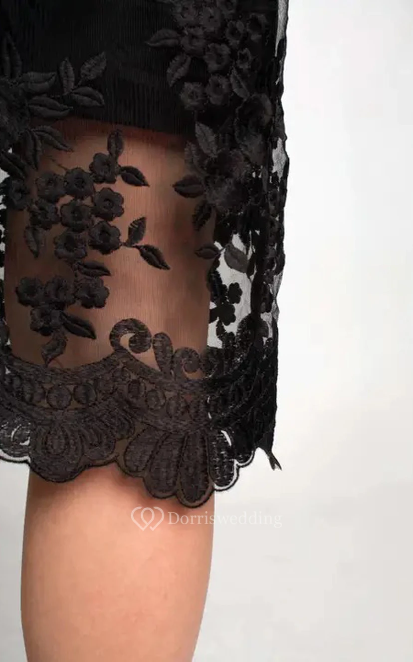 Robe cocktail décontractée à manches 3/4, longueur genou, coupe crayon, en dentelle, fermeture éclair et fente sur le devant view 3