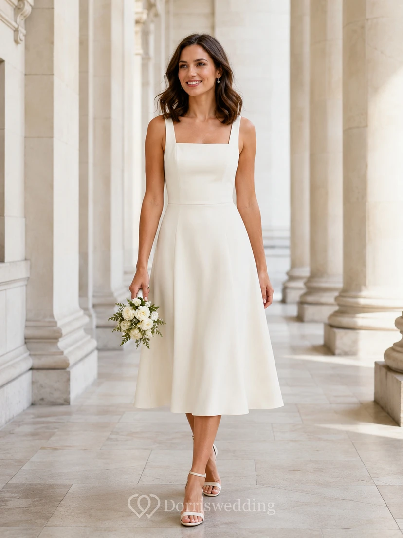 Simple Square Neck Satin Wedding A Line Strap Midi Elopement Dress